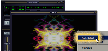 Winamp AVS window with context menu open, with embellished menu entry "AVS Editor"