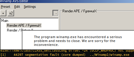 Winamp AVS editor with overlaid Windows crash error dialog saying 'winamp.exe has encountered a serious problem and needs to close'. Underneath a line from the terminal output saying '44297 segmentation fault (core dumped) winamp.exe'.