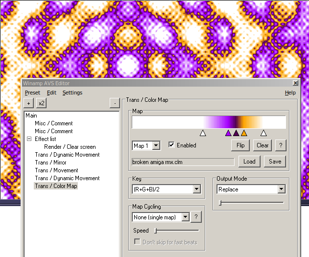 A screenshot of AVS in the background (with a purple, white and yellow abstract visual) with the AVS editor window open on top of it. The editor shows the effect tree for a preset on the left third and the interface for the ColorMap APE in the remaining space. The ColorMap interface shows an editable color strip at the top with movable color handles, that form a gradient resembling the colors in the main AVS window. Below the color strip are various controls for both editing the map, as well as for input and output blending of the effect with the previous image.
