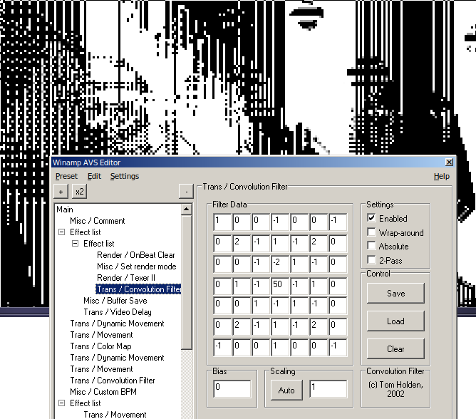 A screenshot of AVS in the background (with a very pixelated black and white abstract visual) with the AVS editor window open on top of it. The editor shows the effect tree for a preset on the left third and the interface for the ConvolutionFilter APE in the remaining space. The ConvolutionFilter interface consists mainly of a 7 by 7 grid of number entry fields, which are filled with positive and negative integer numbers that form a circular shape around the center (since the center entry corresponds to the current pixel, and the rest to its neighbors). To the right of the grid are 4 checkboxes, labelled 'Enabled', 'Wrap-around', 'Absolute' and '2-pass'; and 3 buttons labelled 'Save', 'Load' and 'Clear'. Below the grid are two entry fields labelled 'Bias' and 'Scaling', the latter one with an additional button reading 'Auto'.