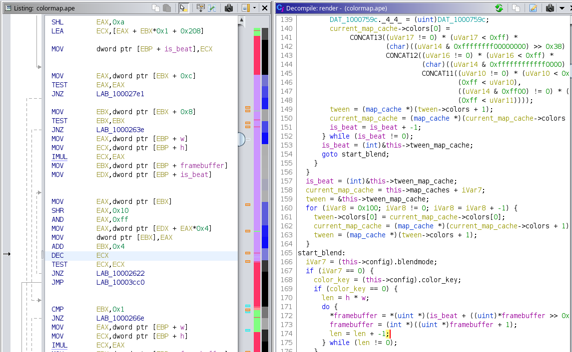 Ghidra (binary analysis tool & decompiler) screenshot showing both disassembly listing on the left and decompiled C code on the right. The upper third of the visible C++ code is a complex multi-line expression with various Ghidra-specific helper functions, corresponding to a portion of x86 MMX SIMD instructions. The lower two-thirds of the C++ code contain more regular control flow code with assignments, if clauses and while loops.